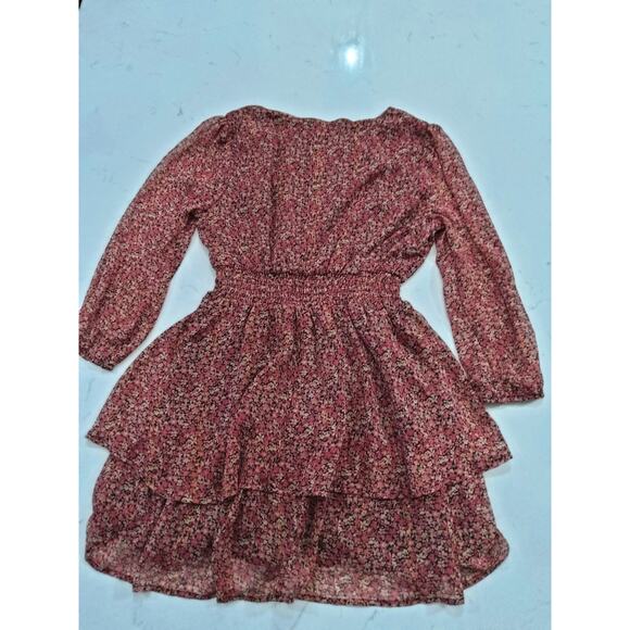 Coquette burgundy/pink Ditzy Floral dress mock waist, tiered Romantic Boho sheer - Picture 8 of 8